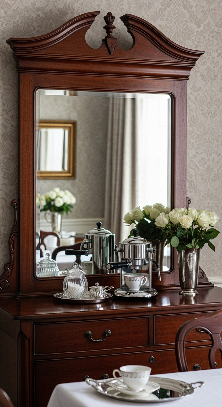 Dark cherry wood antique dresser with ornate mirror reflecting a coffee station with espresso machine and roses