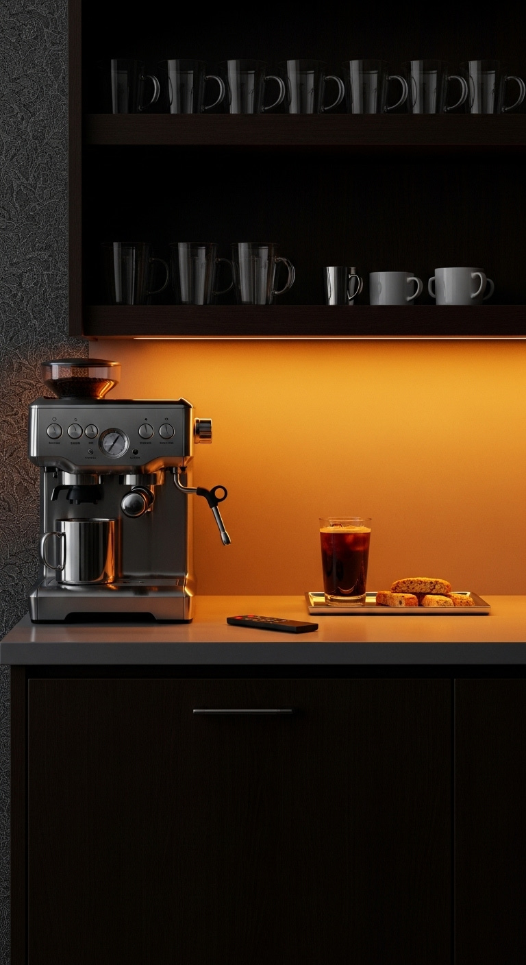 Dark espresso coffee bar cabinet with 3 color LED strip lights set to warm chrome coffee machine glass mugs