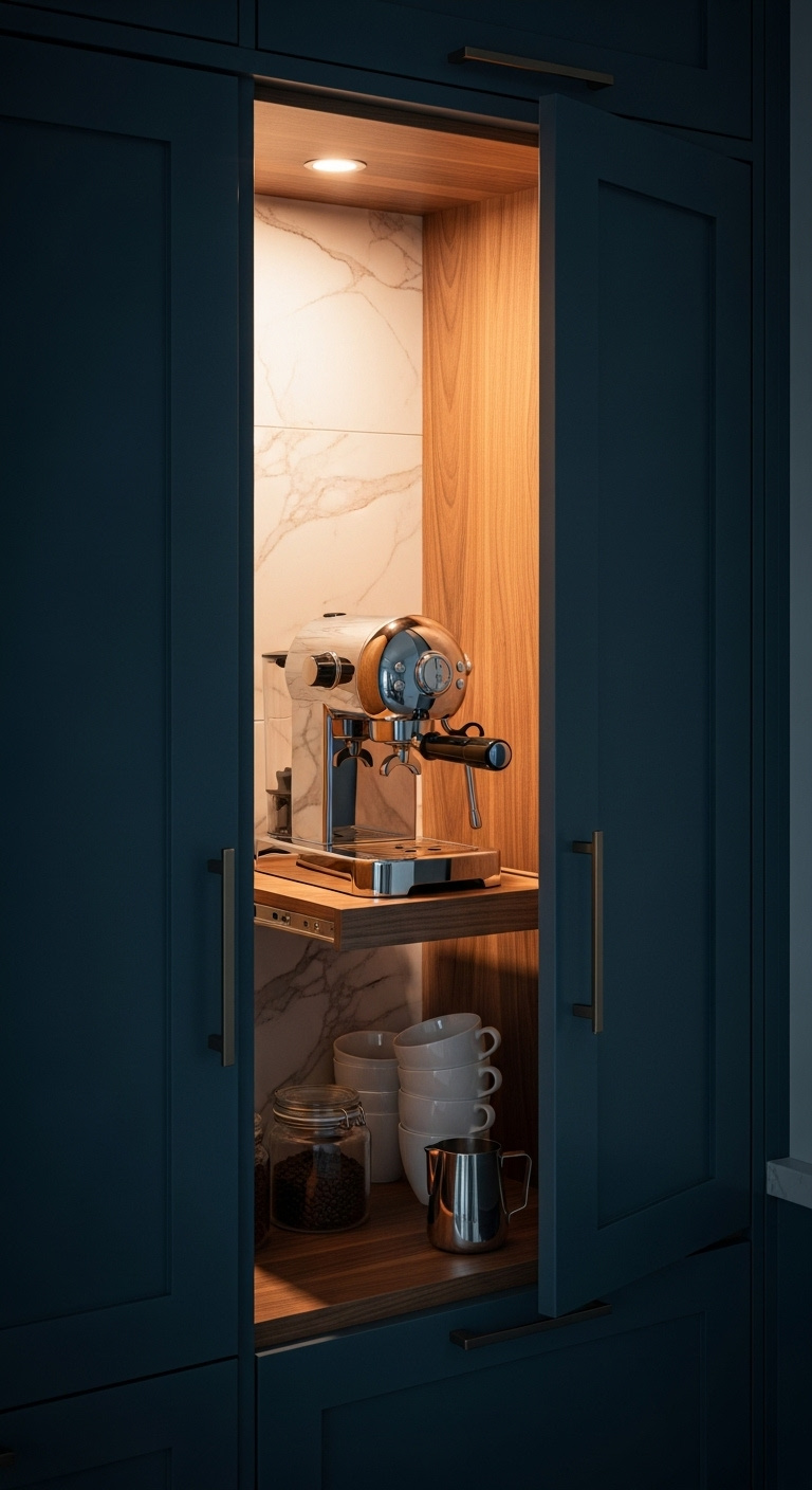 Dark navy bifold doors slightly open to reveal a warm lit coffee station with an espresso machine and mugs on a walnut shelf with marble backsplash