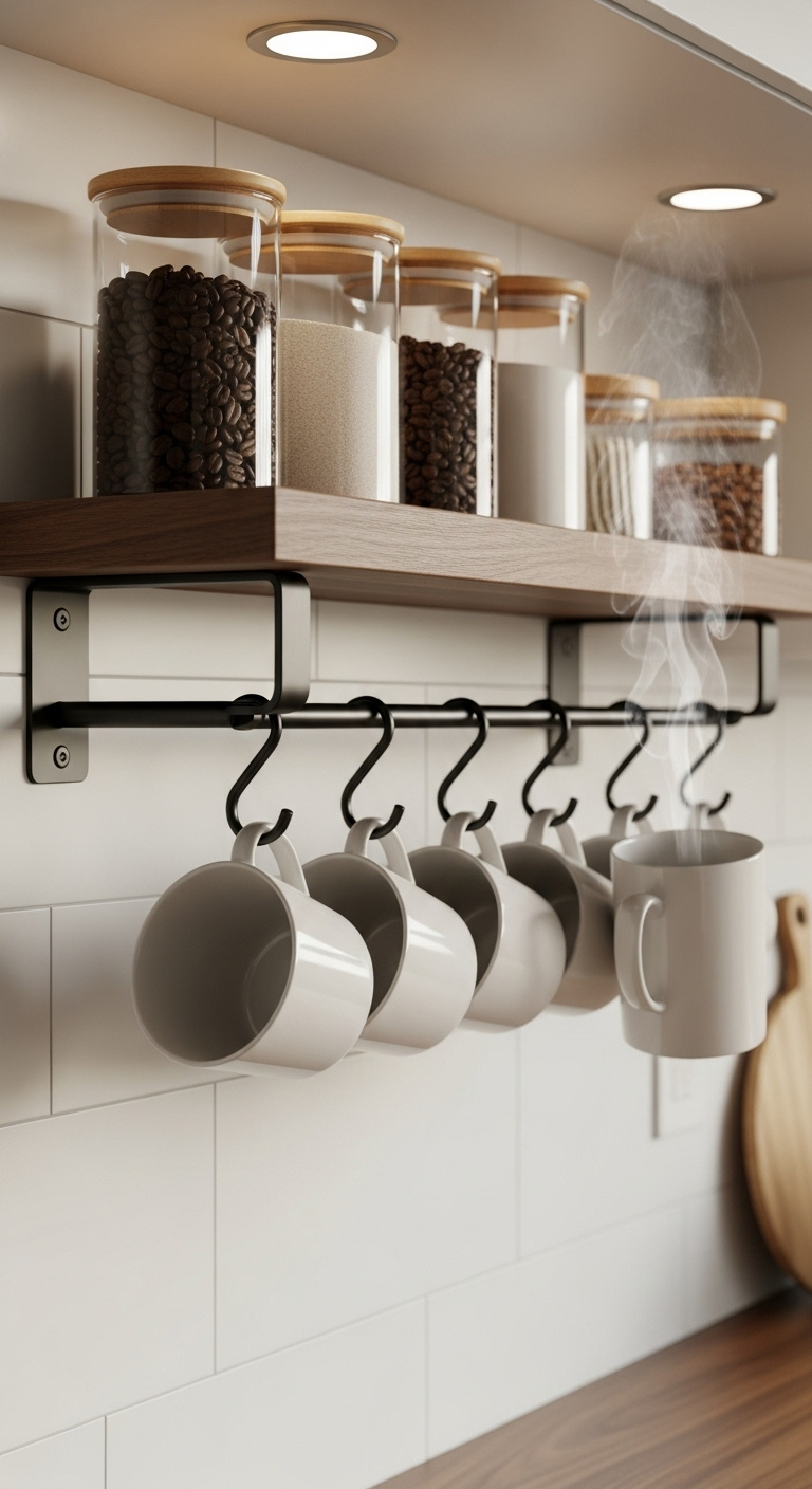 Dark walnut wood shelf with a black metal rail holding four white porcelain mugs and glass canisters on top