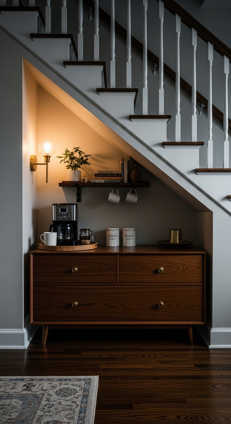 Dark wood chest of drawers under a white staircase serves as a cozy coffee station with a coffee maker mugs and books lit by a wall sconce