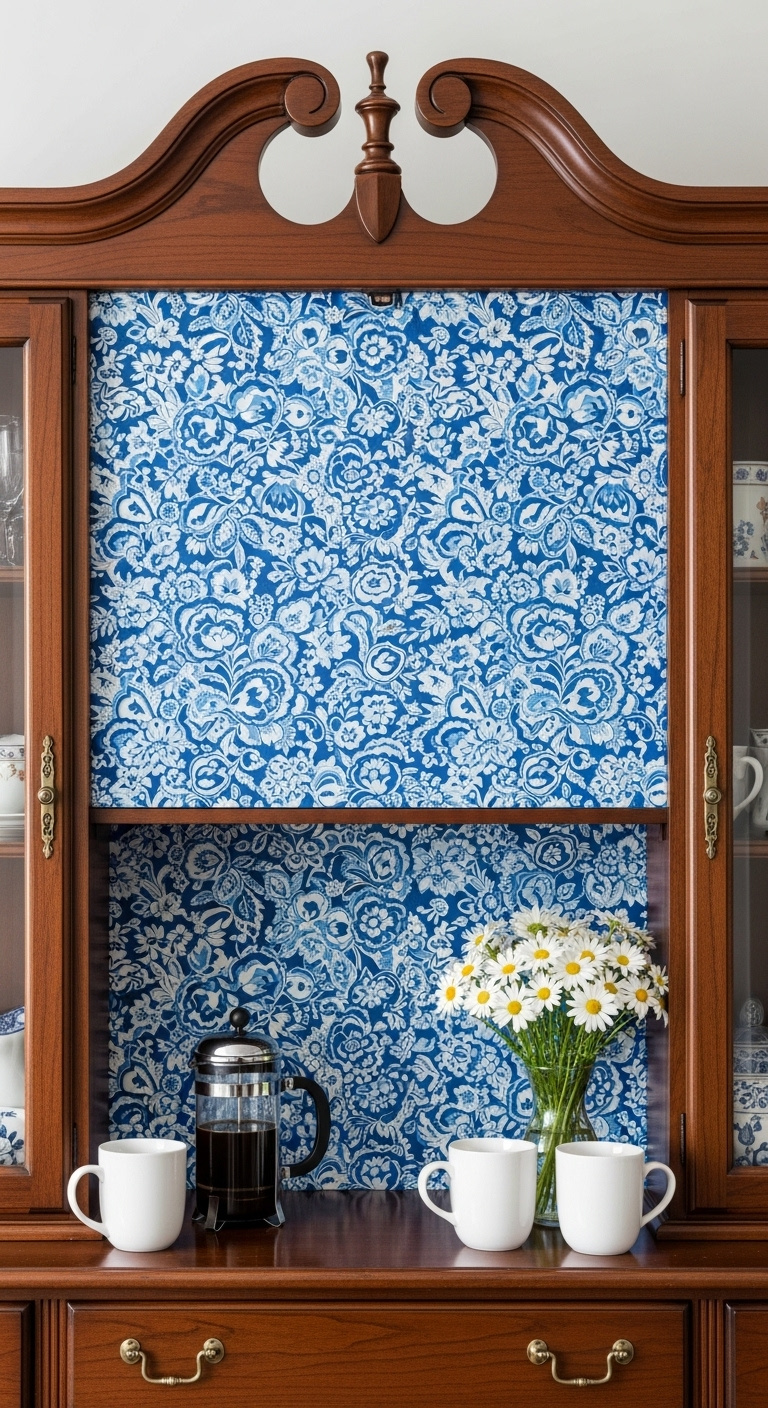 Dark wood china cabinet coffee station with a vibrant blue and white floral patterned fabric back panel French press and daisies