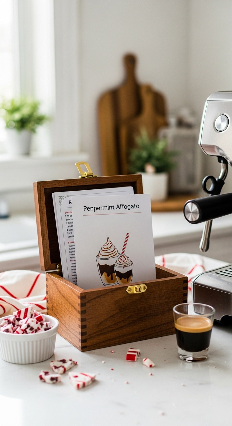 Dark wood recipe box with a Peppermint Affogato recipe card and espresso glass on a white marble countertop