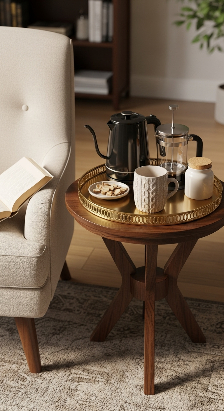 Dark wood round side table styled as a cozy coffee setup with a gold tray electric kettle French press and knit mug