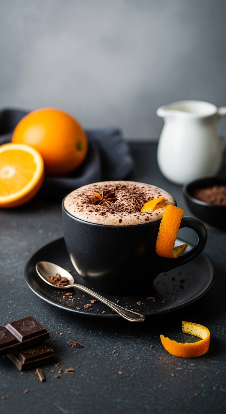 Decadent Boozy Orange Mocha garnished with orange peel and chocolate shavings on a dark stone surface