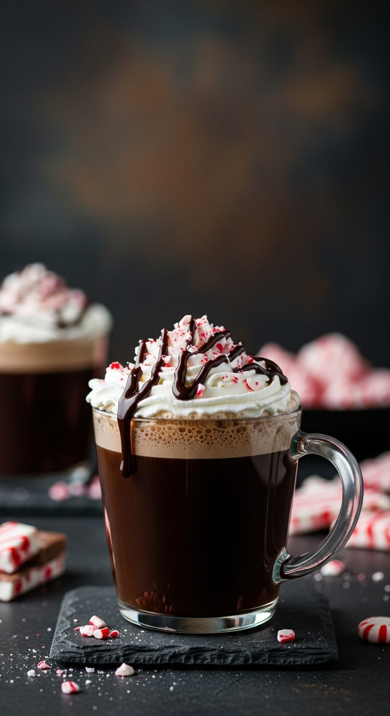 Decadent Peppermint Bark coffee with whipped cream, chocolate sauce, and crushed peppermint on a dark stone surface