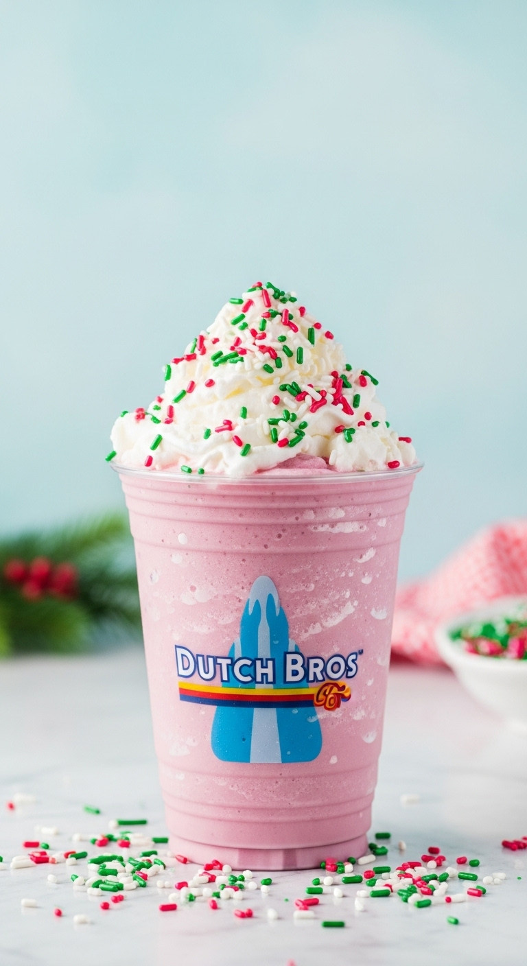 Decadent Snow Cap Freeze with Soft Top and festive holiday sprinks on a white marble surface with a minimalist background