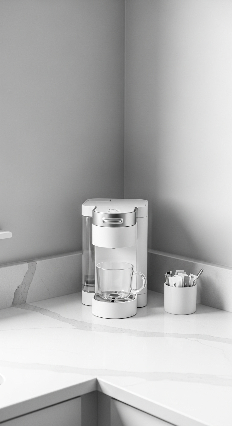 Decluttered essentials only coffee corner with a white single serve coffee machine glass mug and sugar container on a white countertop