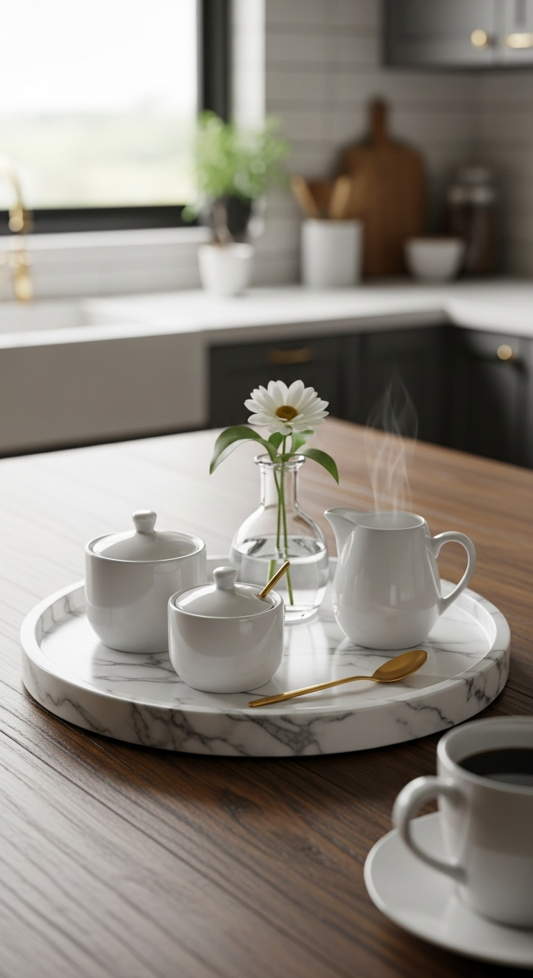 Decorative marble tray organizing coffee essentials including a sugar bowl creamer white flower and gold spoon on a wood table