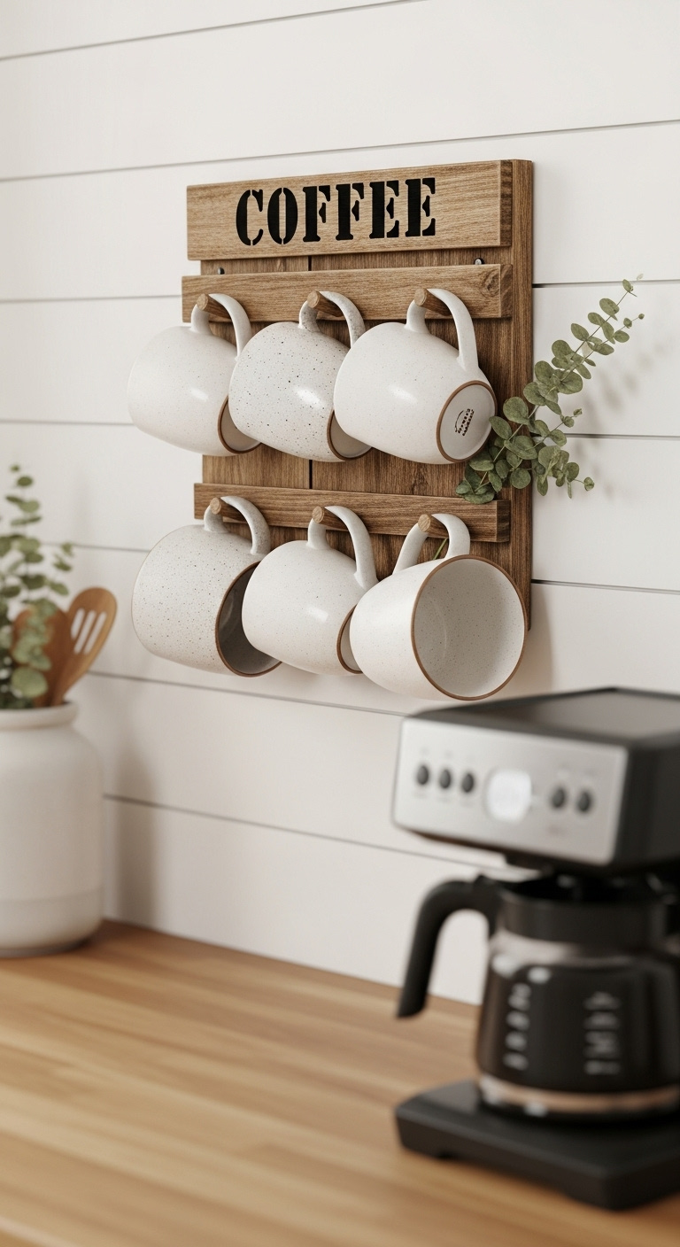 Decorative wall-mounted mug rack with "Coffee" stencil holding white stoneware mugs on shiplap wall above butcher block