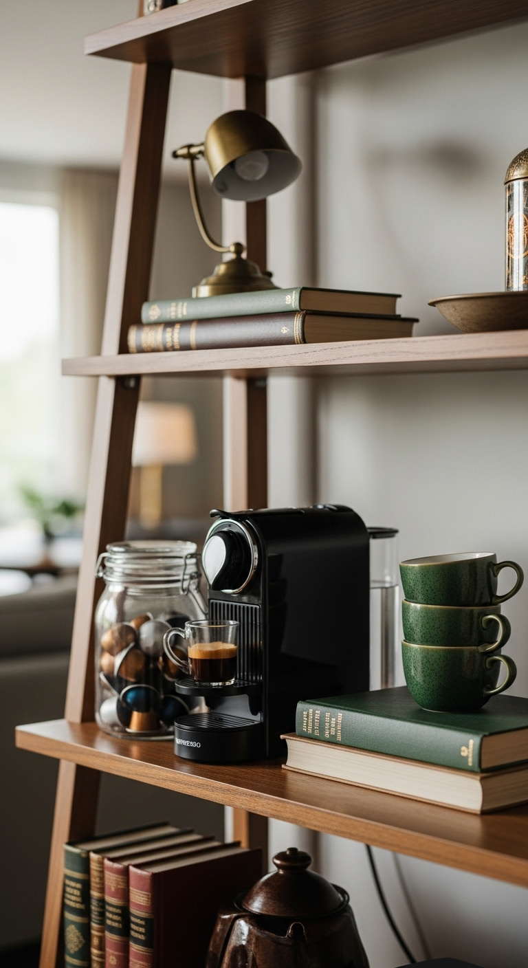 Dedicated bookshelf shelf transformed into a coffee bar with a Nespresso machine glass pod jar and dark green mugs