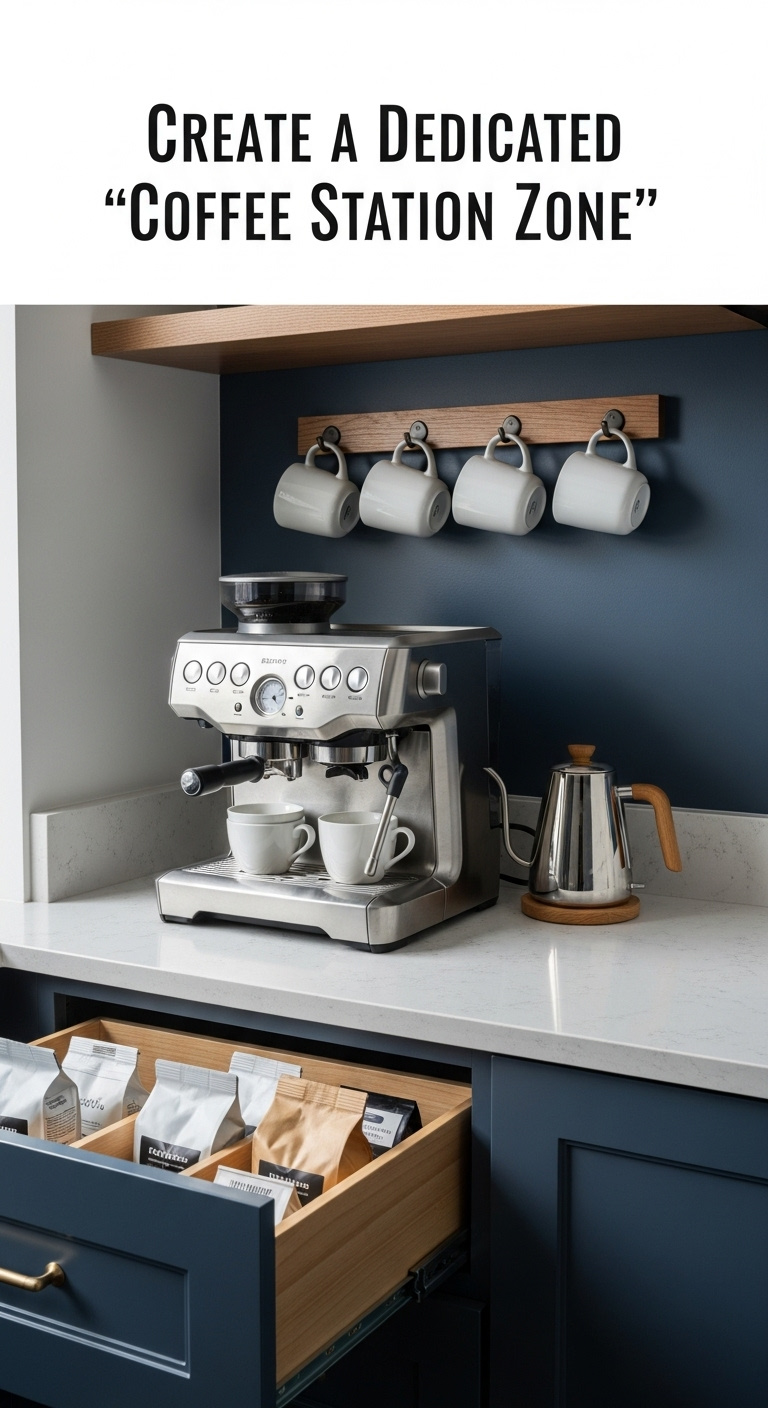 Dedicated coffee station zone in walk-in pantry with silver coffee machine floating shelf and organized bags
