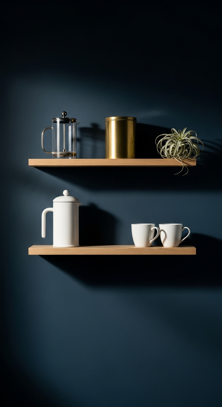 Deep accent wall backdrop coffee station with navy blue wall light ash wood shelves white French press brass canister and mugs