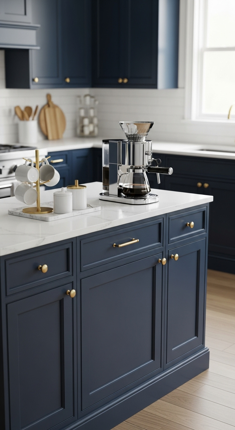 Deep navy blue sideboard with shaker style doors and gold hardware matching kitchen cabinetry as a coffee bar