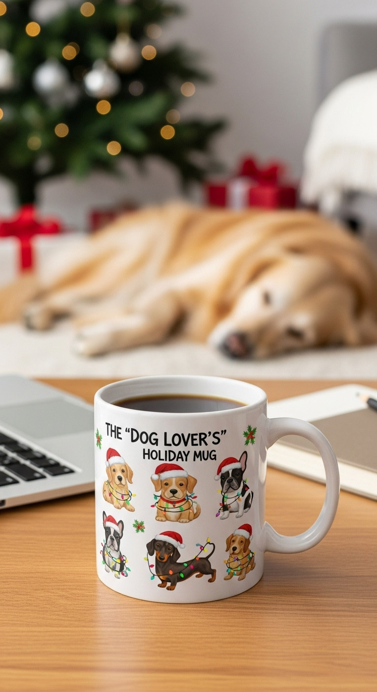 Dog lover's holiday mug with coffee on a wooden table with a sleeping Golden Retriever by a Christmas tree