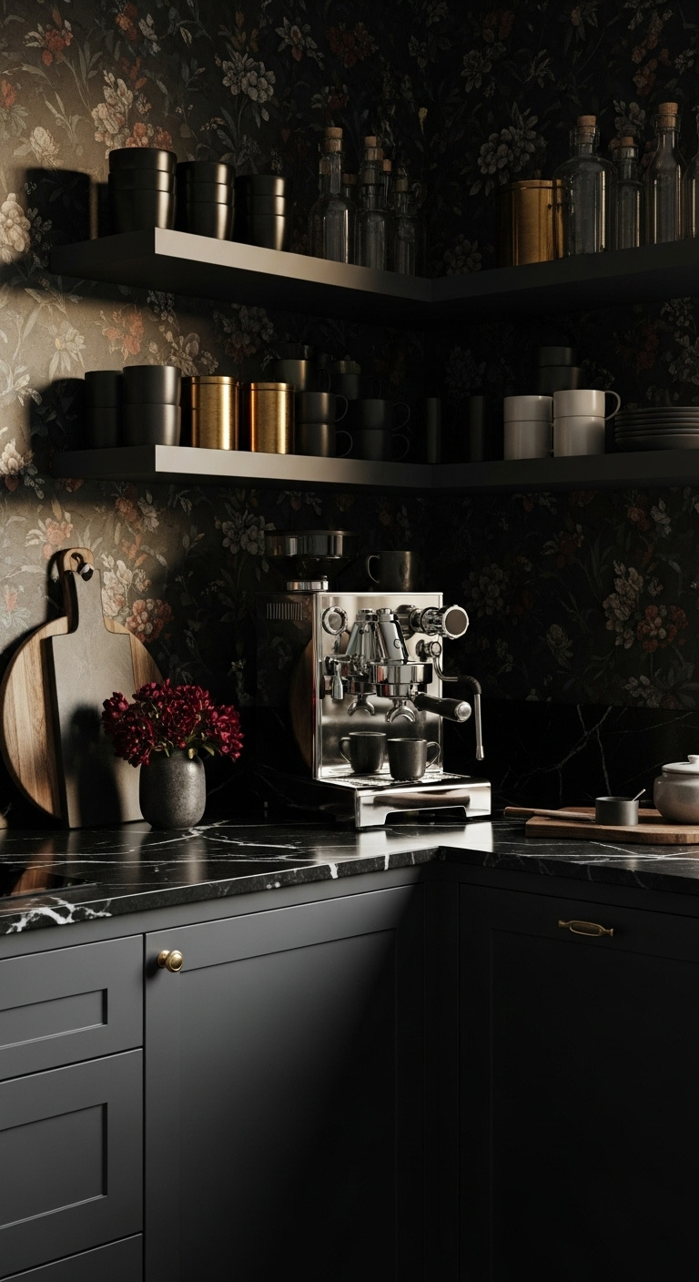 Dramatic coffee bar with matte black cabinetry black marble countertop and a high-end chrome espresso machine