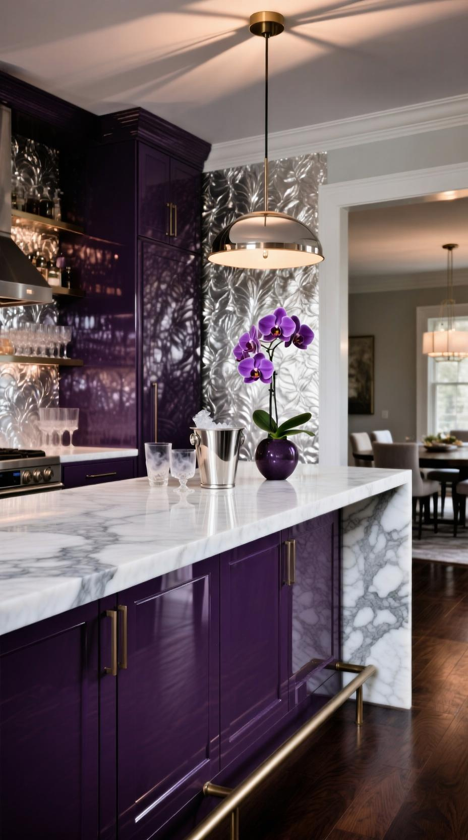 Dramatic textured bar with high-gloss eggplant purple cabinets, silver-leaf wallpaper, and white marble countertop