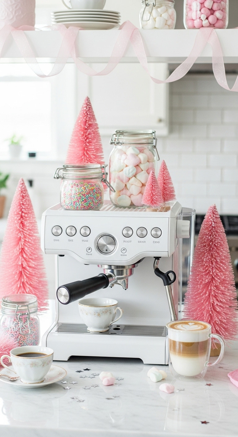 Dreamy coffee bar in pastel pinks lilacs and iridescent whites with an espresso machine bottle brush trees and marshmallows