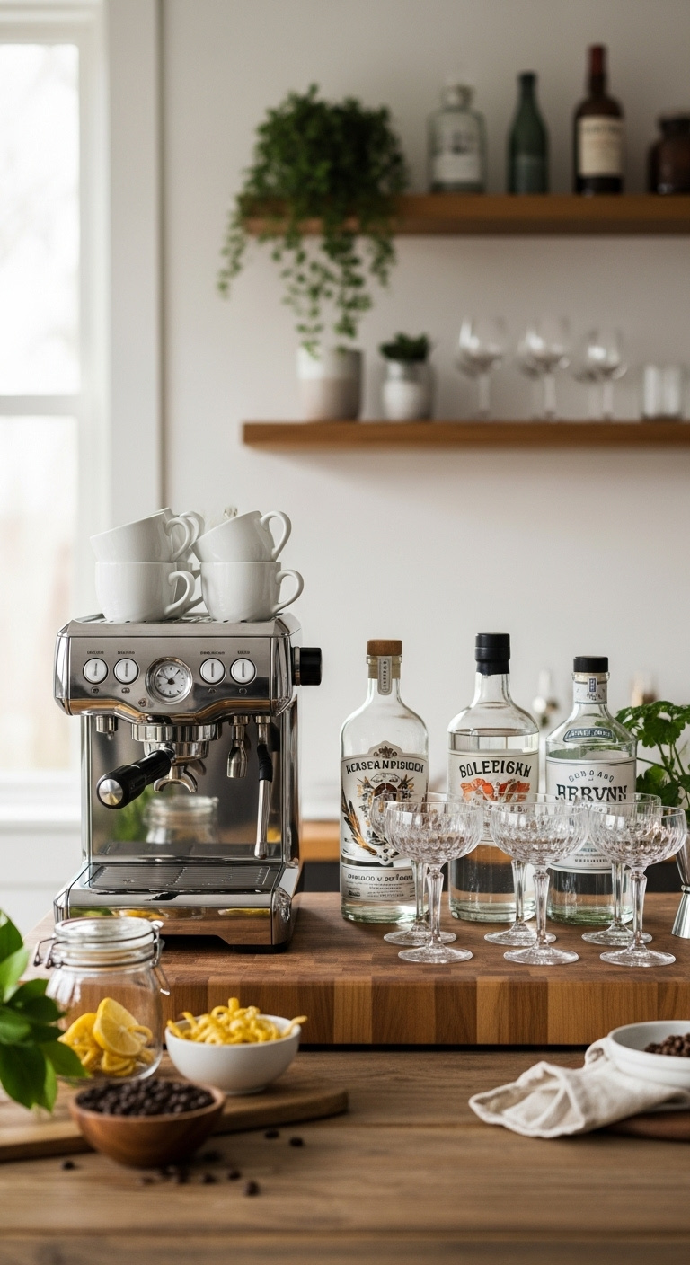 Dual-purpose bar station with espresso machine and gin bottles on a butcher block countertop