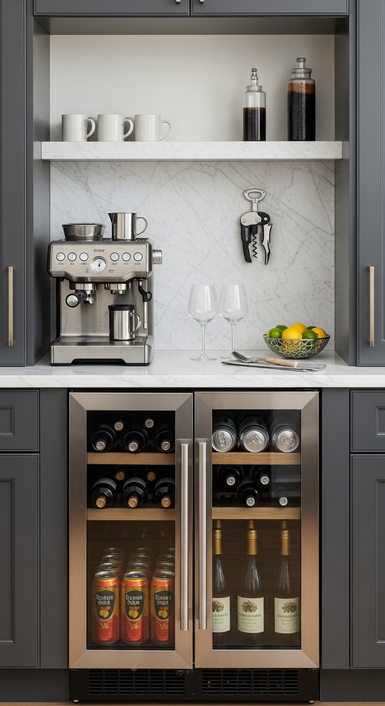 Dual-purpose beverage center with espresso machine wine glasses and beverage refrigerator in dark gray cabinets with marble countertop