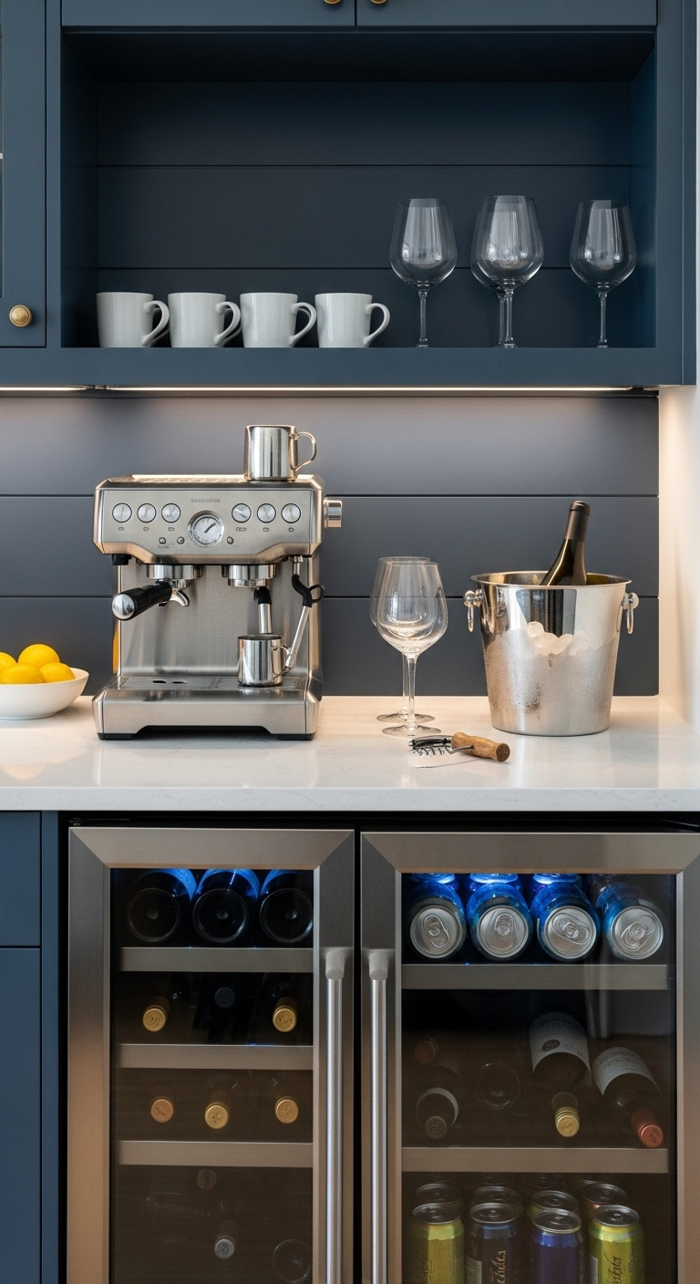 Dual-purpose coffee and wine beverage center with espresso machine wine glasses and mini-fridge