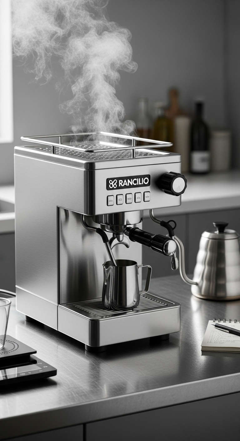 Early Rancilio Silvia espresso machine with industrial stainless steel form steam venting into a frothing pitcher on a countertop