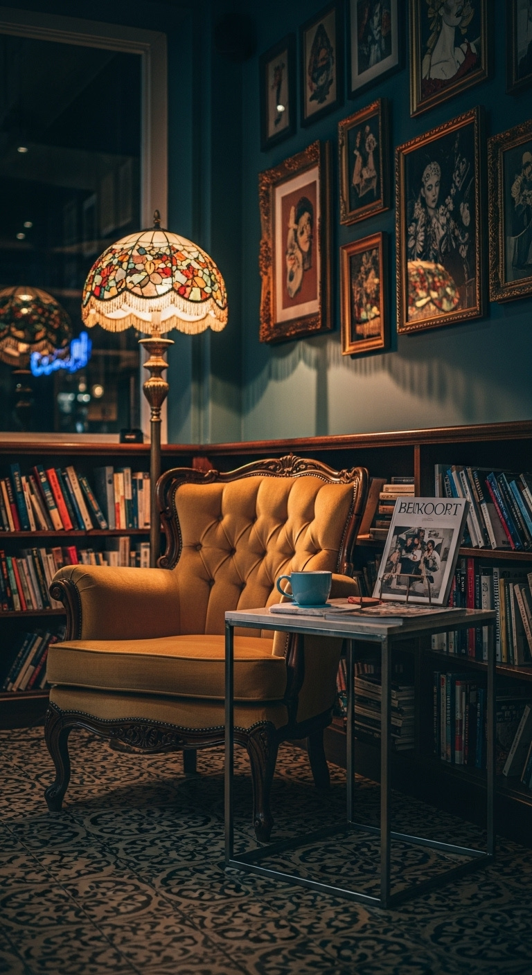 Eclectic artist corner coffee shop interior with vintage velvet armchair modern metal table and gallery wall on teal background
