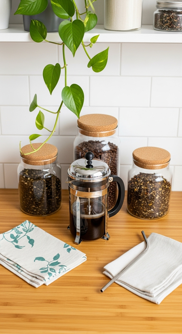 Eco-conscious coffee setup with bamboo countertop glass French press and recycled jars with cork lids under natural light