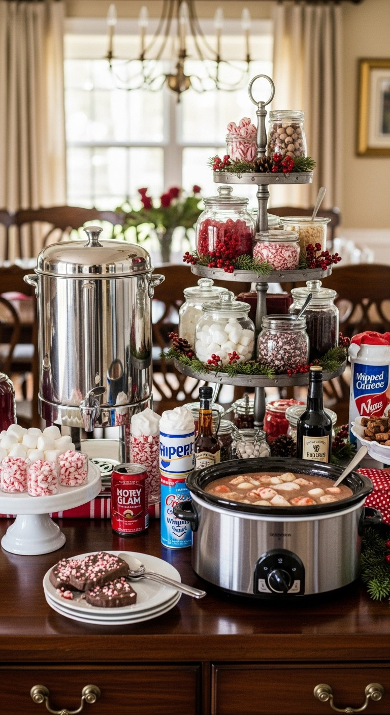 Elaborate Christmas hot cocoa and coffee buffet with a dispenser, slow cooker, tiered tray of toppings, and syrups