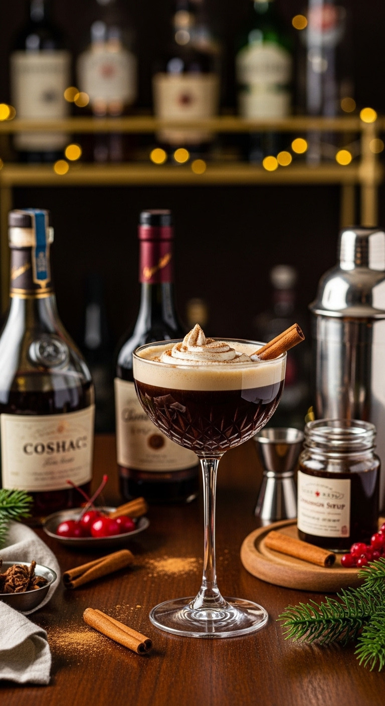 Elegant Cinnamon Delight Coffee Cocktail with whipped cream, cinnamon stick, cognac, and cherry liqueur on a dark wood surface