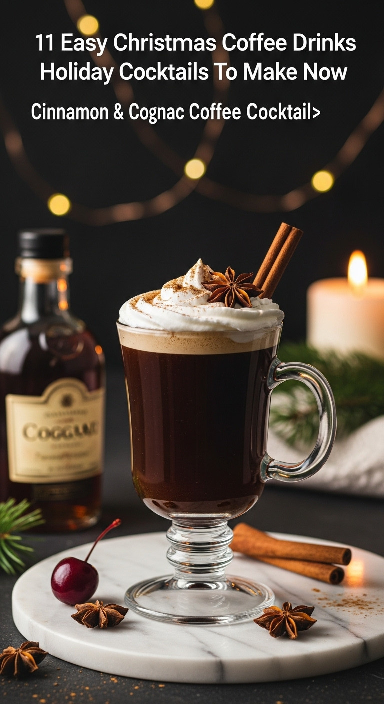 Elegant Cinnamon and Cognac Coffee Cocktail with whipped cream, cinnamon, star anise, and a lit candle on marble