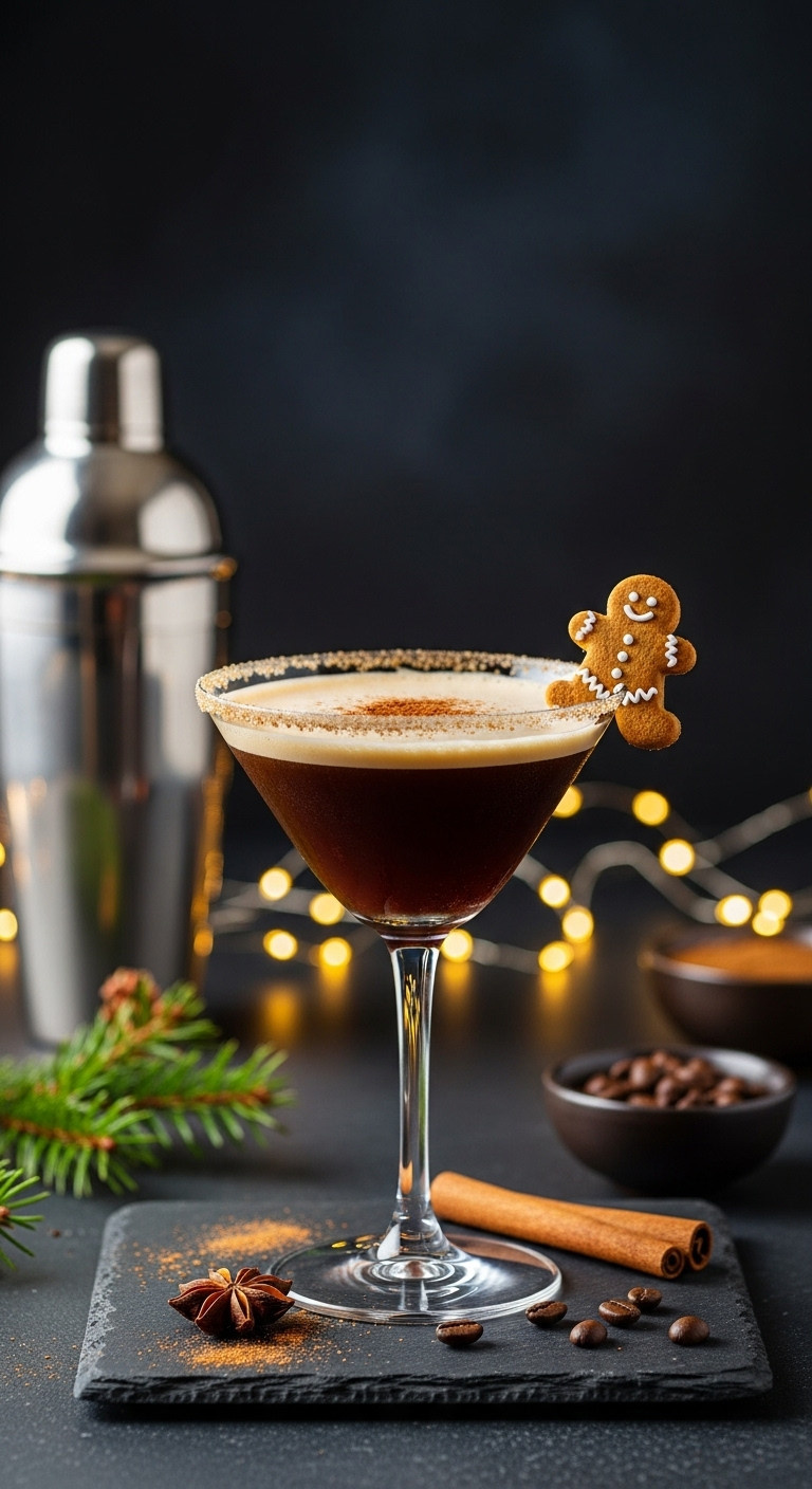 Elegant Gingerbread Espresso Martini with cinnamon sugar rim and gingerbread man garnish on a dark slate surface