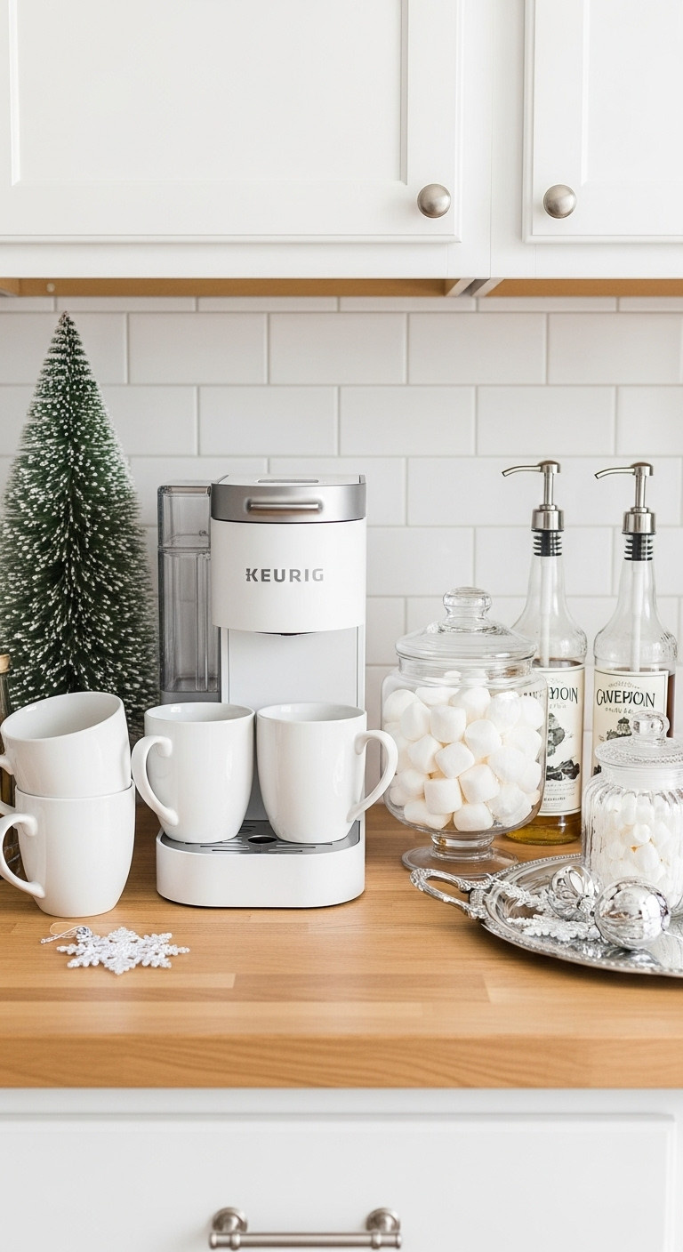 Elegant all white coffee bar with Keurig machine marshmallows mugs and flocked mini evergreen tree on a butcher block countertop