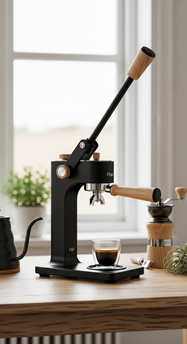 13 Pretty Espresso Machines That Look As Good As They Brew 8 Elegant black Flair 58 manual espresso press with long lever and light wood accents on a birch wood table