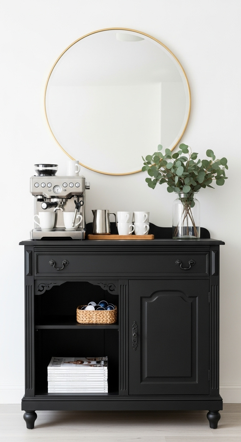 Elegant black coffee station with minimalist design and espresso machine