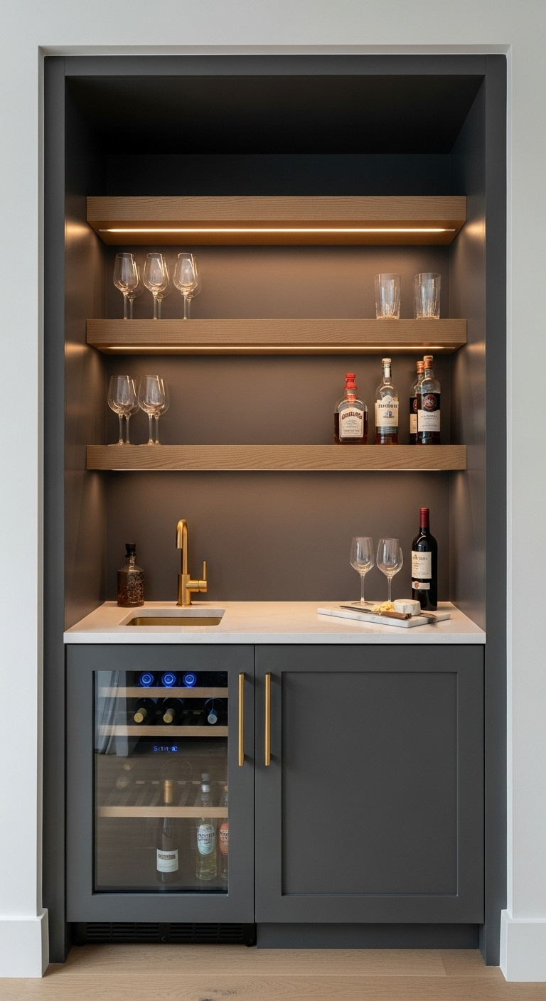 Elegant built-in wet bar with charcoal gray cabinets quartz countertop gold sink and oak shelves