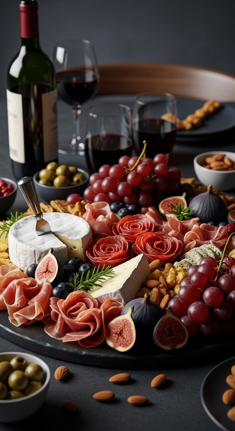 Elegant charcuterie station with overflowing board of brie prosciutto salami grapes figs and red wine
