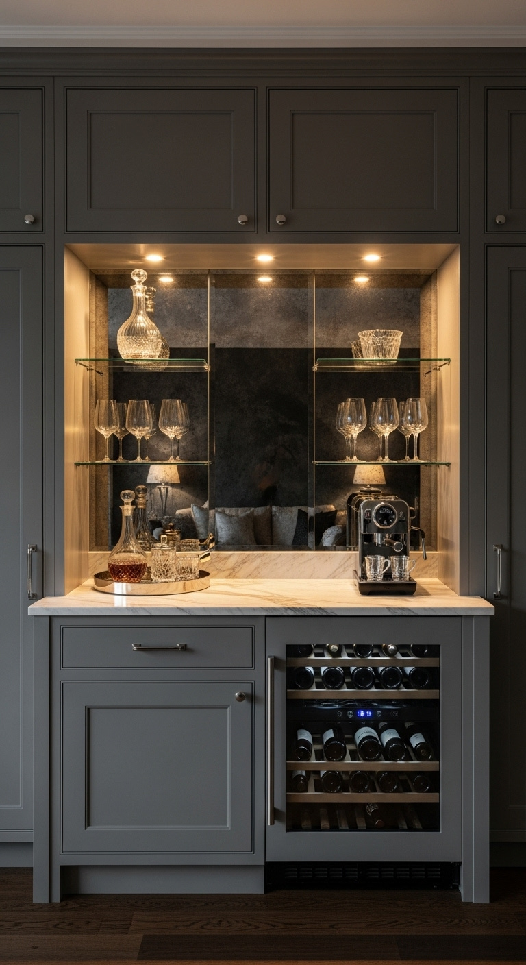 Elegant coffee and bar cabinet displaying an espresso machine mugs wine and glassware
