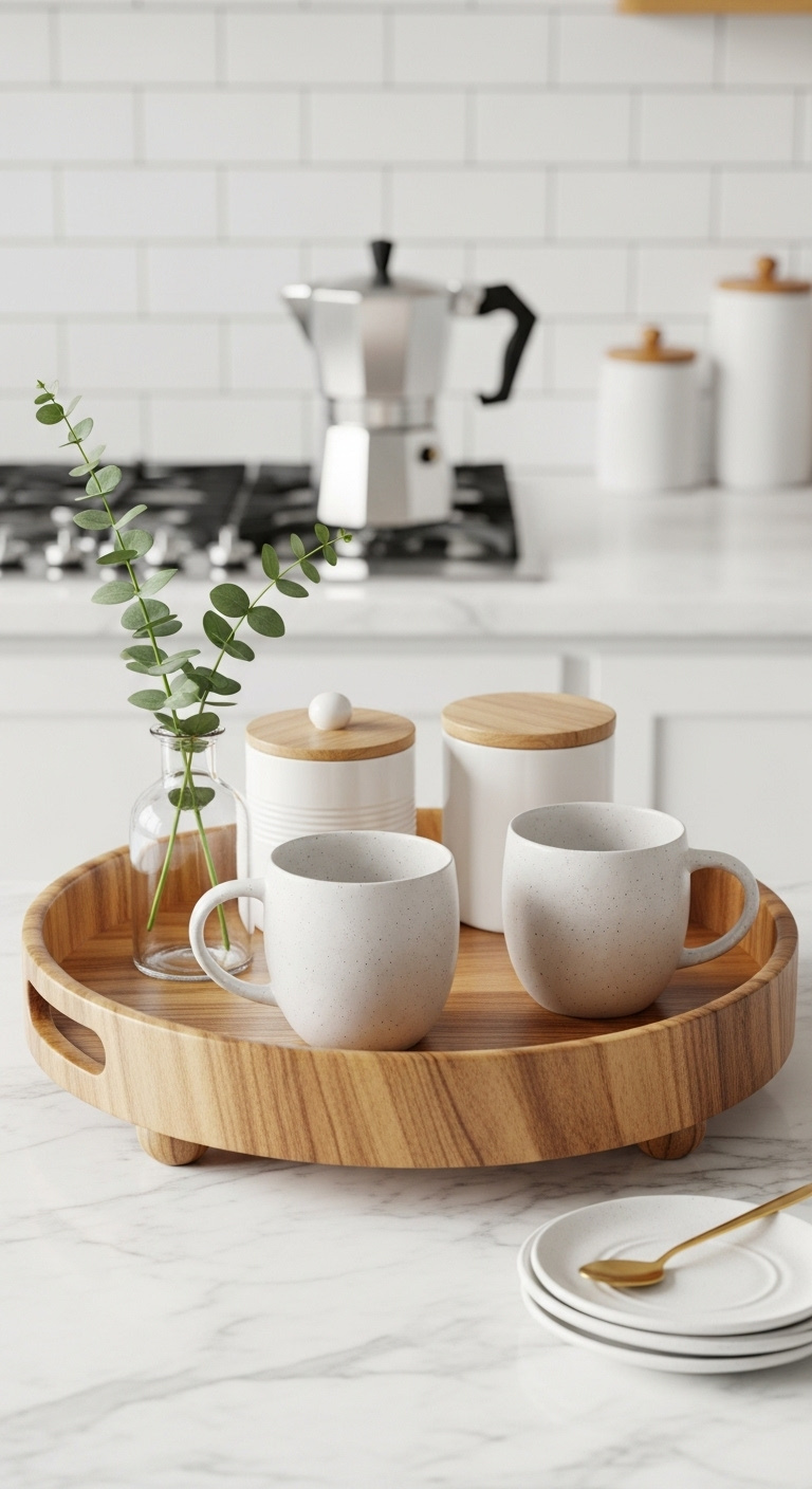 Elegant coffee station on a round acacia wood tray with ceramic mugs sugar canister and eucalyptus on marble countertop