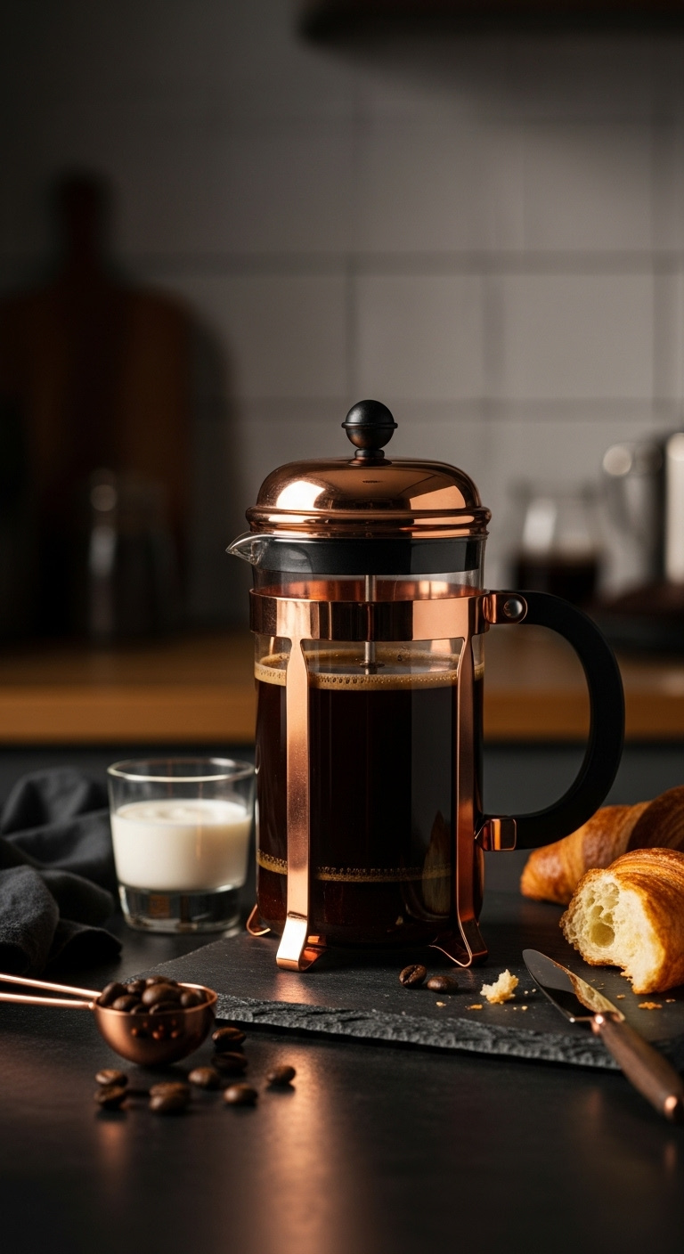 Elegant copper French press with dark coffee on dark slate cheeseboard with matching scoop and croissant