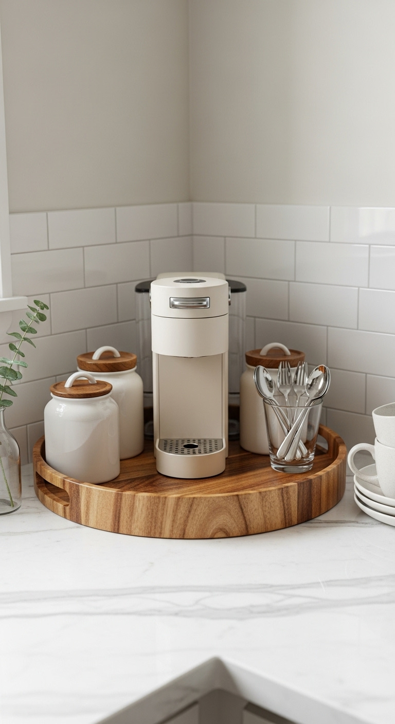 Elegant countertop corner coffee station on an acacia wood tray with a cream single-serve machine and ceramic canisters