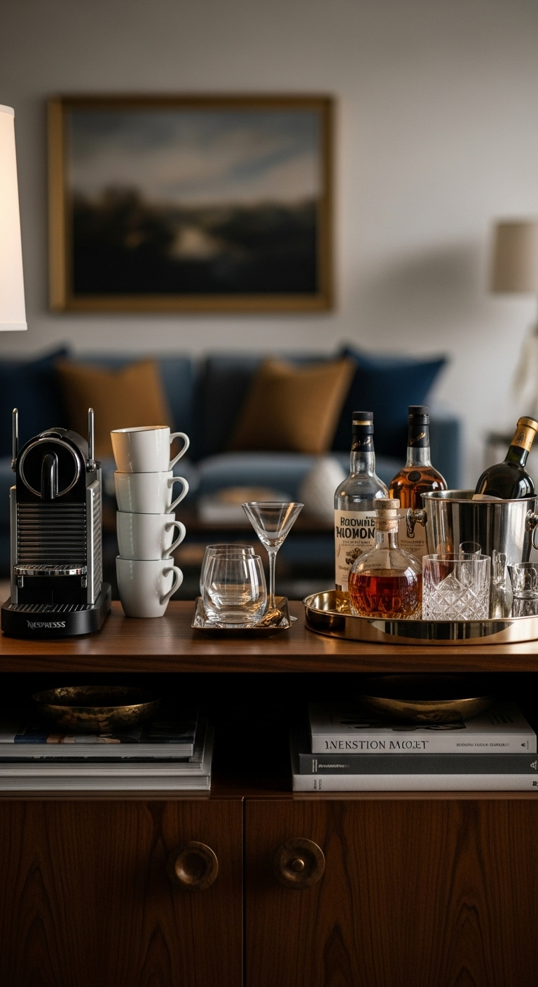 Elegant credenza in a living room serving as a multi-functional beverage station with a Nespresso machine and spirits