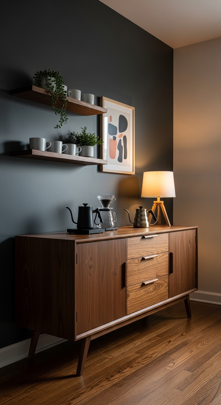 Elegant dark walnut mid-century modern sideboard repurposed as a coffee bar with a pour-over setup kettle and floating shelves