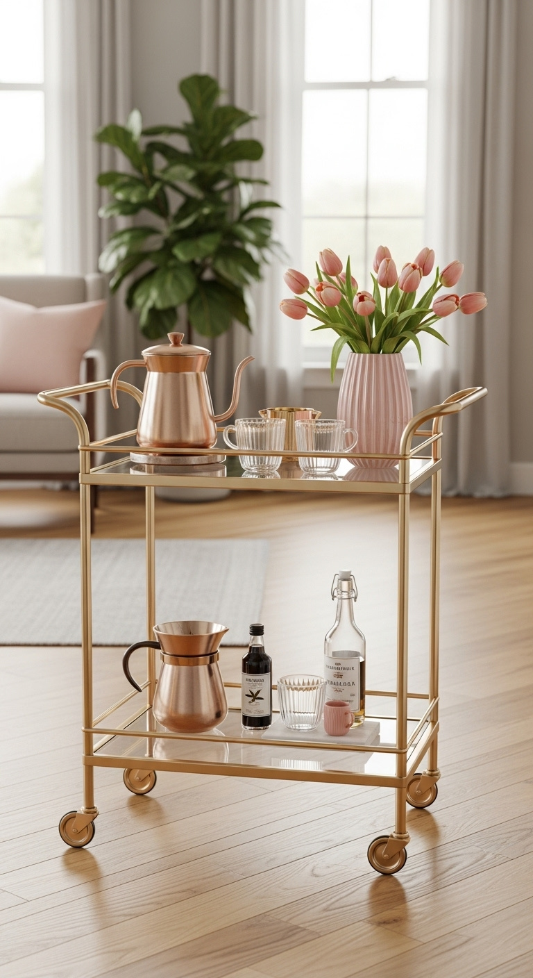 Elegant gold and glass two tier bar cart styled as a chic coffee station with a pour over maker and fresh tulips