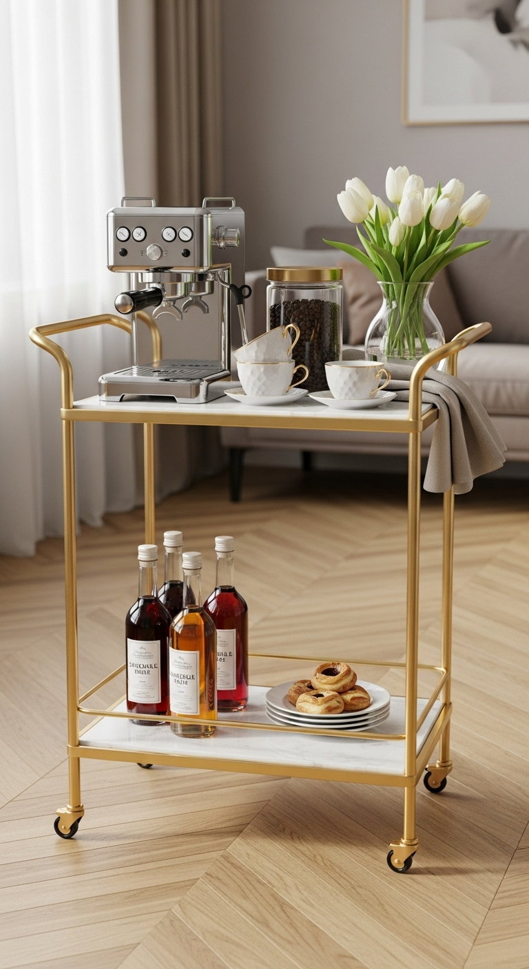 Elegant gold and marble two-tiered bar cart styled as a sophisticated coffee station with an espresso machine and pastries