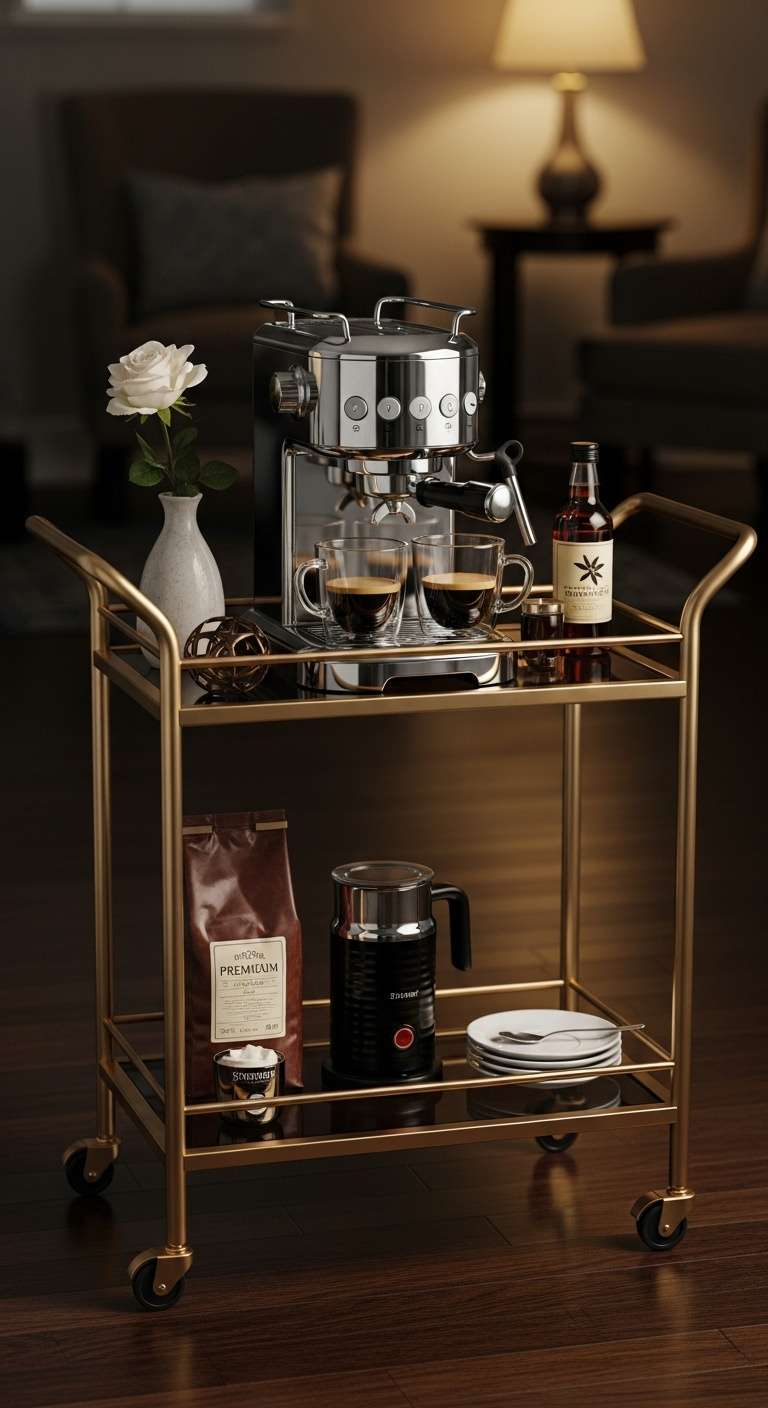 Elegant gold metal and glass bar cart with chrome espresso machine glass mugs and vanilla syrup