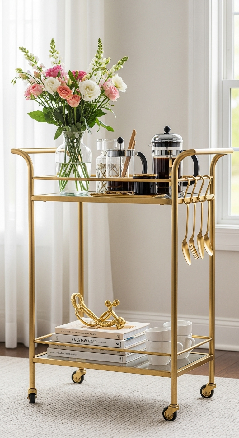 Elegant gold metal and glass rolling bar cart styled as a coffee station with a French press and coffee table books