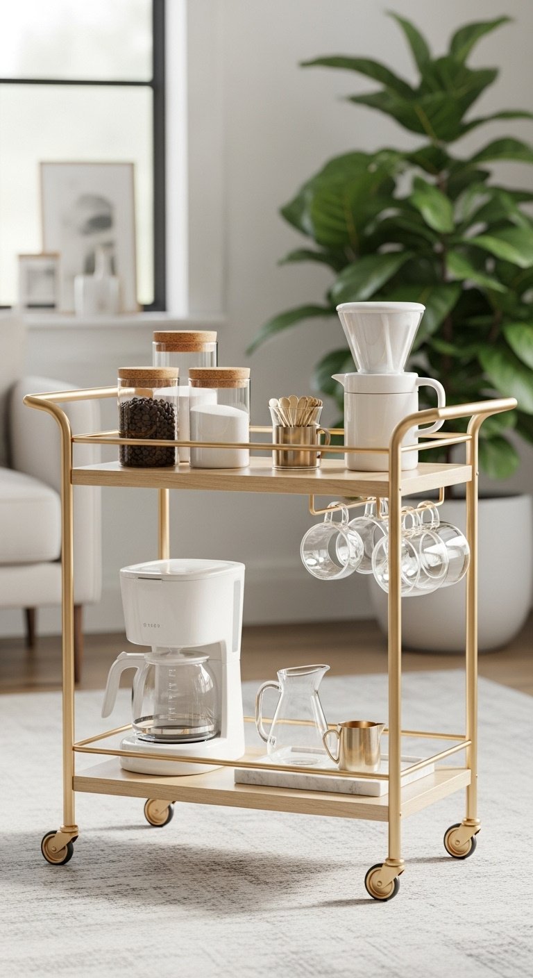 Budget Coffee Bar Ideas That Look High End Without Splurging 2 Elegant gold metal and wood rolling bar cart styled as a mobile coffee station with a drip coffee maker and glass mugs