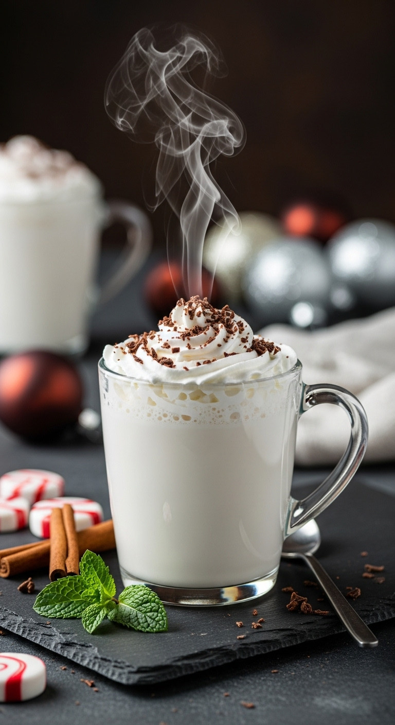 Elegant hot Peppermint White Chocolate drink with whipped cream, chocolate shavings, and mint on a dark slate surface