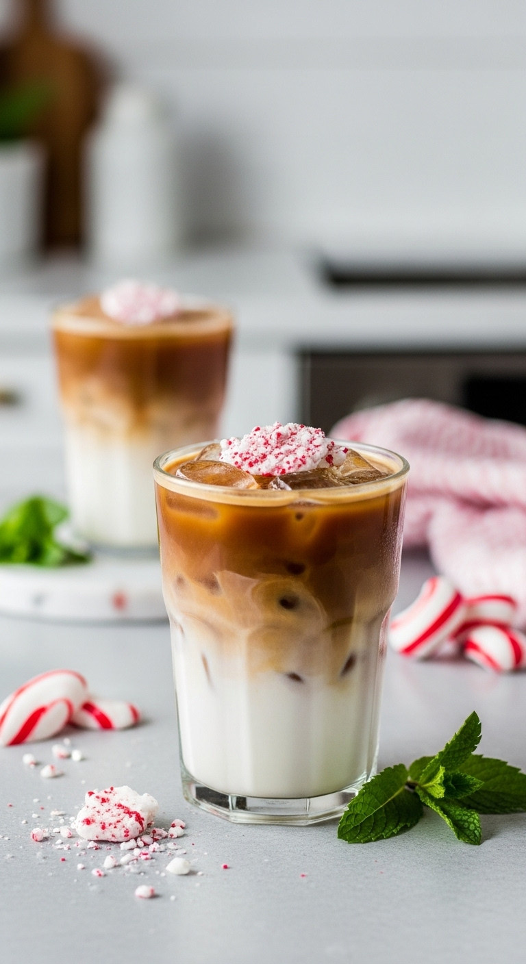 Elegant iced Peppermint Bark Mocha in a clear glass with peppermint bark and a mint sprig on a light gray countertop